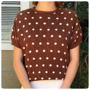 WORTHINGTON Vintage White Polka Dot Ramie Cotton Knit Shirt Short Sleeve Sweater